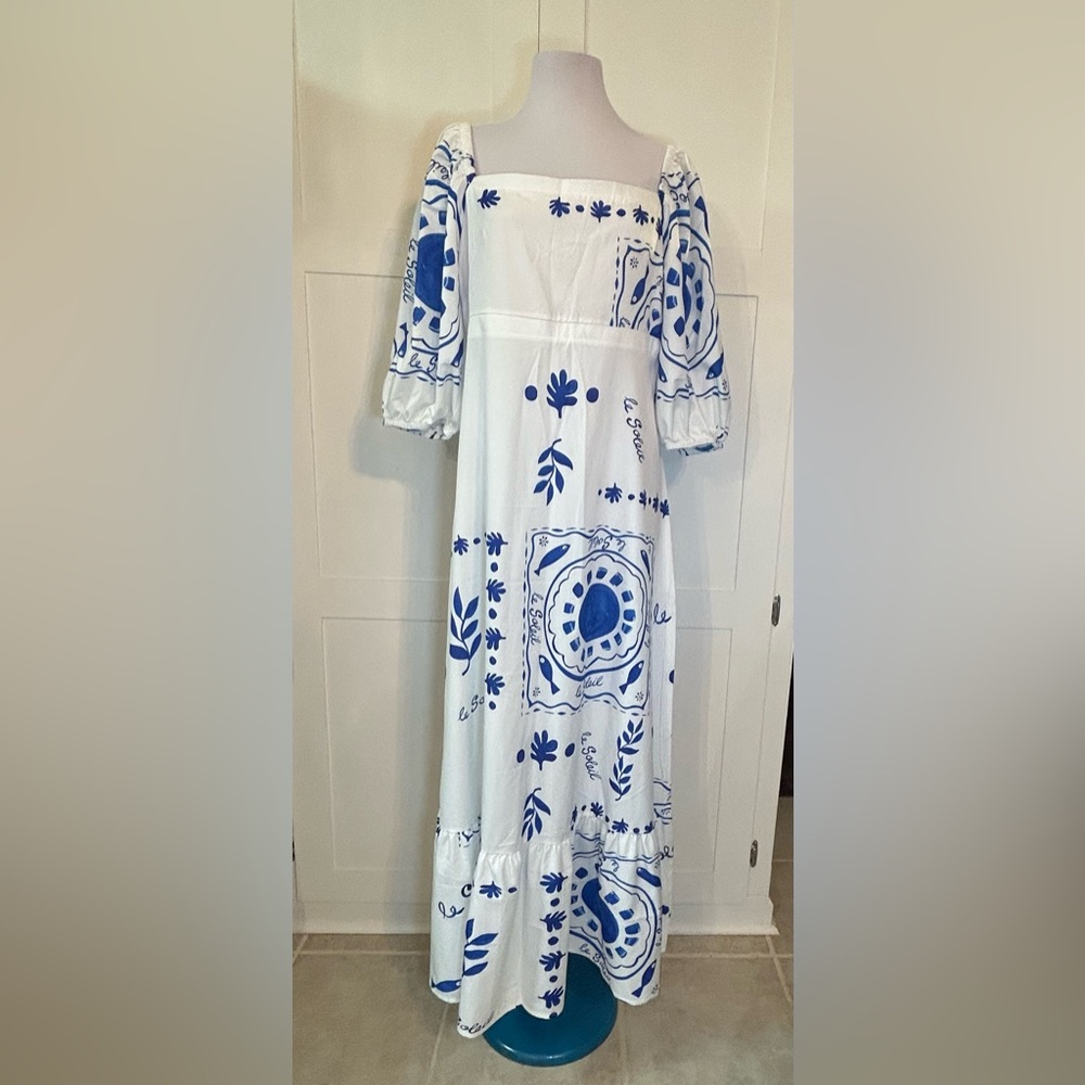 White and Blue Mediterranean Square-Neck Maxi Dress XXL - Picture 5 of 12